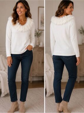 Carina White Faux Fur Trim Sweater Size Large Cozy Glam Top